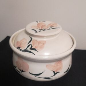 Lovely Studio Art Pottery Covered Bowl Peach & Black Florals Ceramic Art Piece